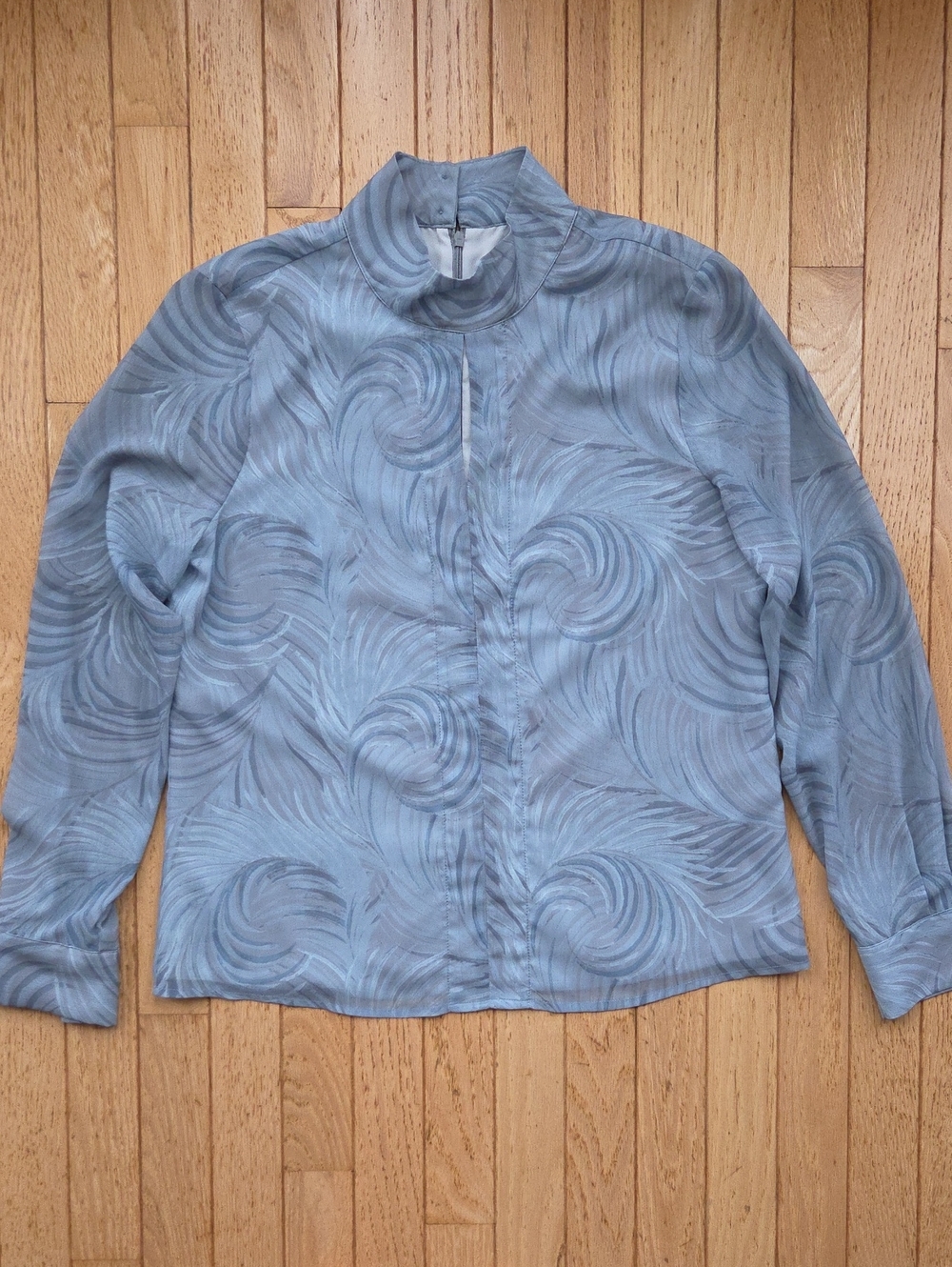 Donna Karan New York Blue Swirl Print Keyhole Mock Neck Blouse M
